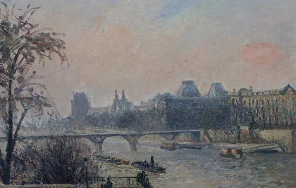 Мост, река, Париж, картина, городской пейзаж, Камиль Писсарро, Сена и Лувр
