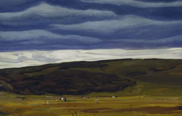 Картинка пейзаж, холмы, Cranberrying. Monhegan, природа, Рокуэлл Кент, Rockwell Kent, тучи, картина