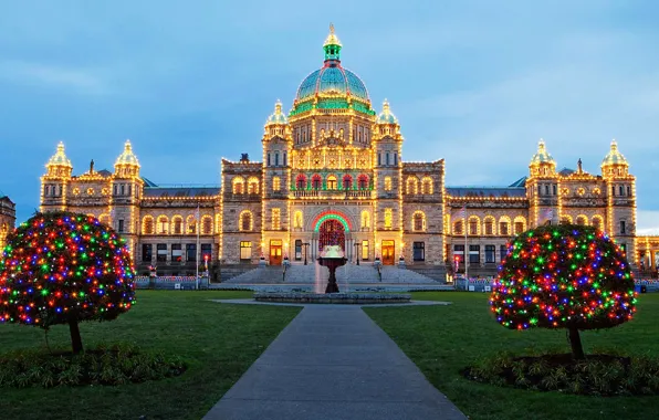 Здание, Виктория, Новый Год, Канада, Рождество, парламент, Рождественские огни