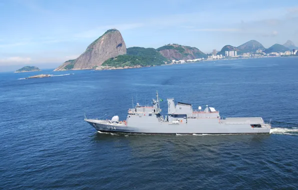 Rio de Janeiro, 4.5-inch cannon, Corvette Barroso (V-34), Barroso Class, Sugar Loaf, Brazil flag, the …
