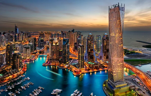 Картинка city, lights, Дубаи, Dubai, night, hotel, skyscrapers, building