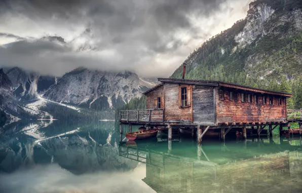 Горы, озеро, отражение, лодка, Lake Braies