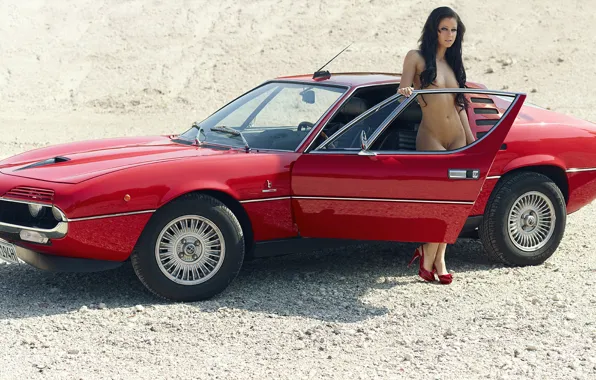 Авто, грудь, девушка, красный, стиль, голая, брюнетка, red