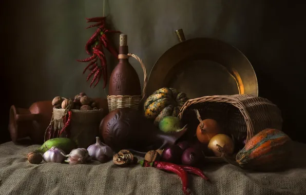 Цветы, стол, вино, бутылка, букет, лук, тыквы, посуда