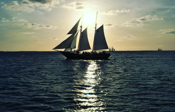 Море, закат, отражение, корабли, вечер, парусники