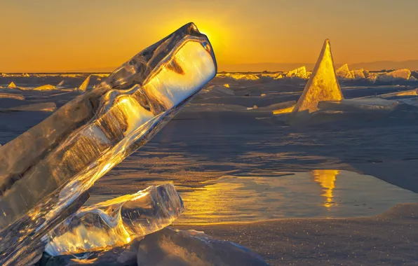 Картинка зима, вода, природа, озеро, рассвет, лёд, утро, Байкал