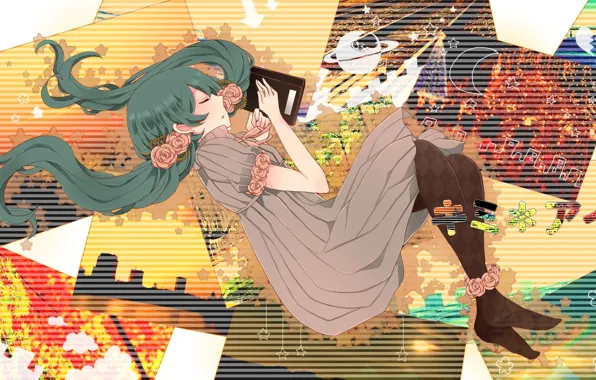 Розы, спит, иероглифы, Hatsune Miku, Vocaloid, фотокаллаж