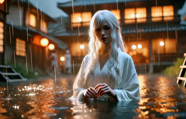 Картинка Japan, yukata, rain, white hair, pagoda, AI art