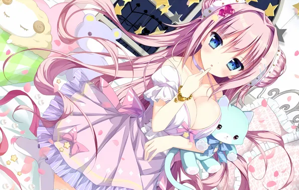Girl, sexy, cleavage, pink hair, long hair, dress, boobs, anime