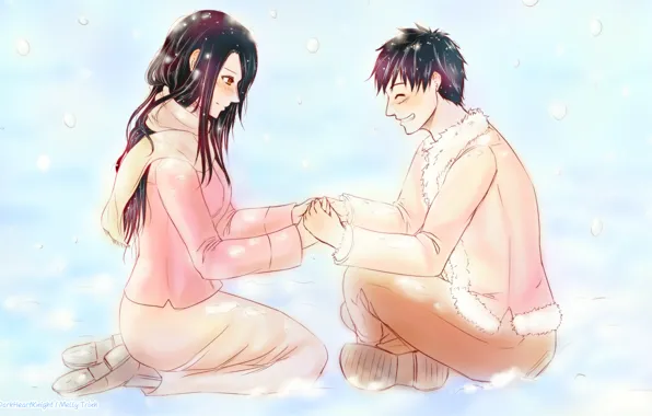 Зима, аниме, арт, пара, девочка, парень, One Piece