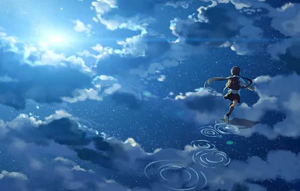 Картинка небо, вода, девушка, солнце, облака, отражение, аниме, арт
