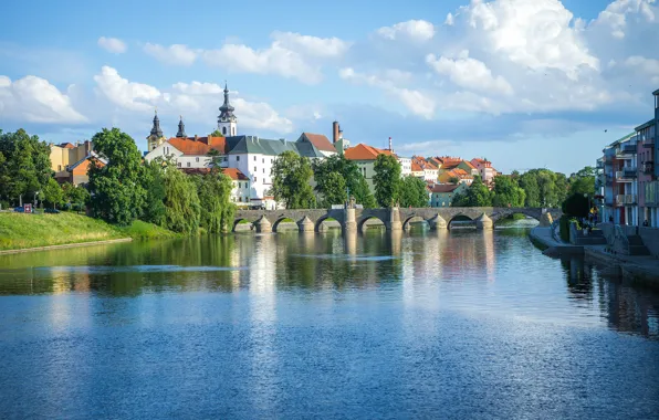 Лето, небо, облака, мост, здания, Чехия, канал, South Bohemian region