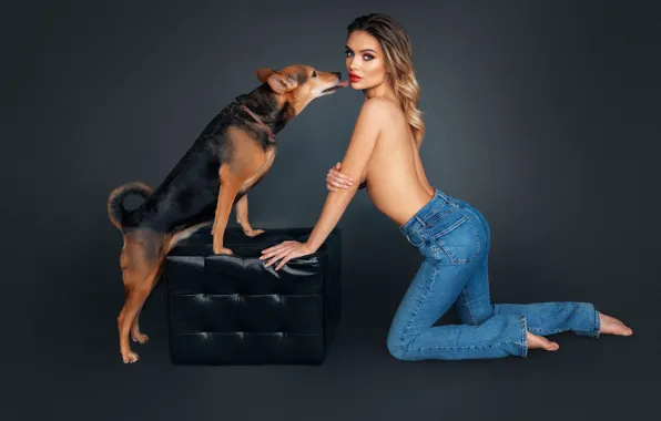 Girl, dog, beautiful, model, jeans, charming