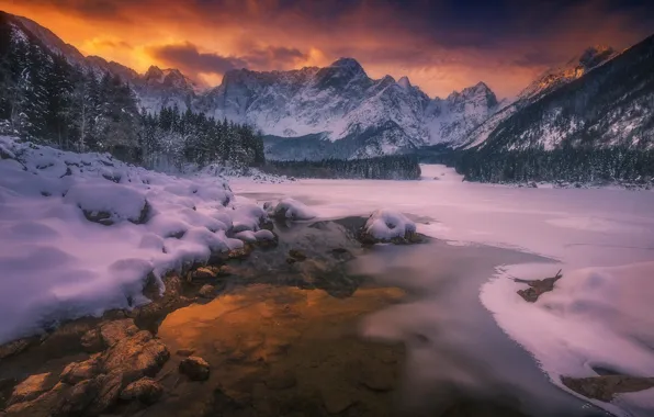 Картинка зима, снег, горы, природа, река, вечер