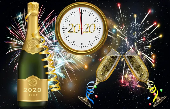Новый год, фейерверк, циферблат, шампанское, фужеры, 2020