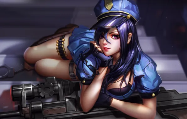 Gun, weapon, police, anime, purple eyes, pretty, sniper, cop