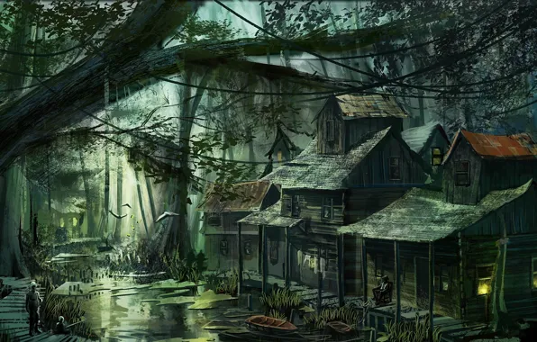 Картинка лес, люди, болото, дома, деревня, арт, постройки