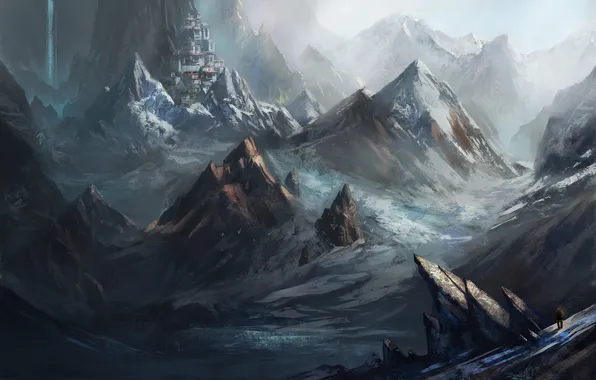 Картинка снег, горы, человек, водопад, деревня, k04sk
