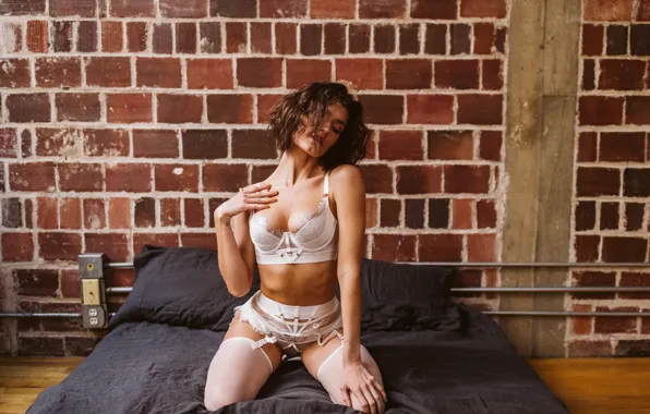 Wall, lingerie, bra, panties, model, women, brunette, white lingerie