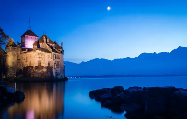 Moon, night, lake, castle, swiss, Château De Chillon