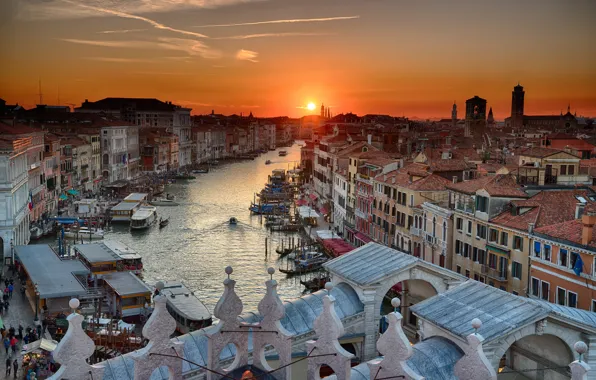 Небо, вода, солнце, закат, дома, лодки, Италия, Венеция