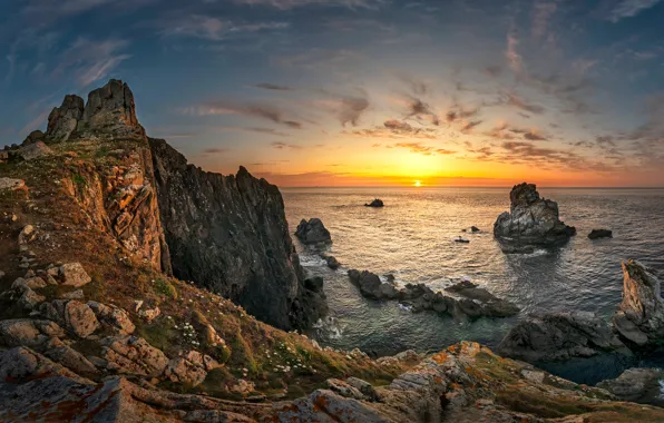 Картинка море, небо, закат, камни, скалы, берег