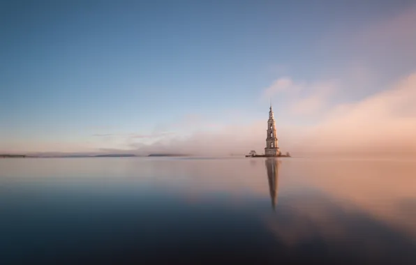 Небо, восход, Водохранилище, храм, островок, колокольня, затоплена