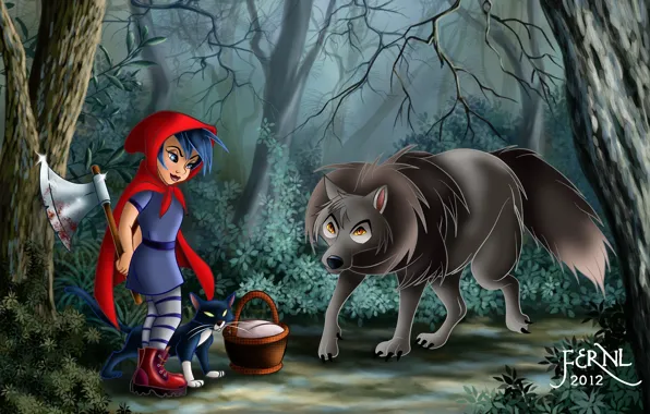 Картинка кошка, девочка, красная шапочка, топор, арт, корзинка, волк, Red Riding Hood, кровь, корзина, лес, кот