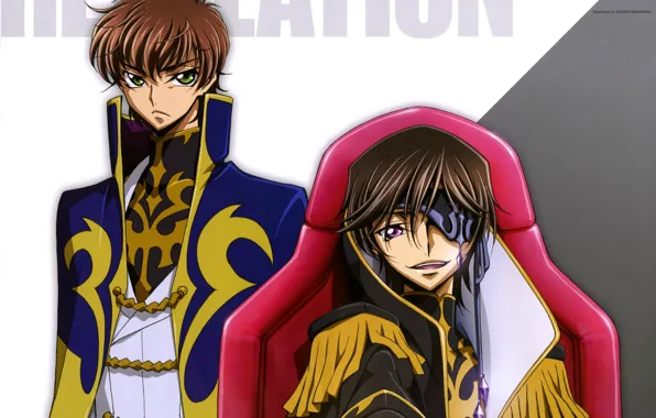 Взгляд, кресло, плащ, повязка на глаз, эполеты, Отступник Акито, Akito the Exiled, Suzaku Kururugi