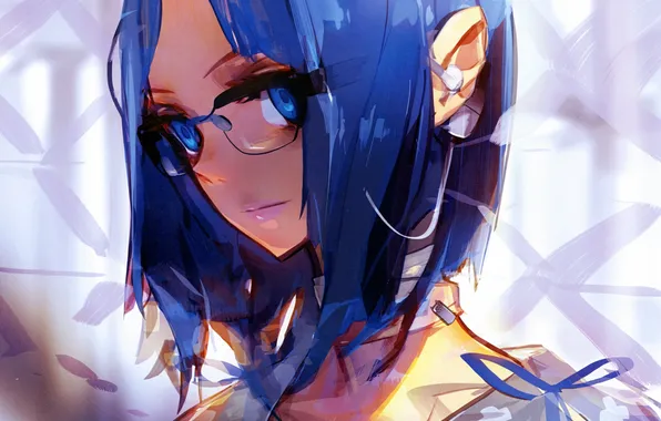 Картинка девушка, наушники, арт, очки, лента, голубые глаза, синие волосы, короткие волосы