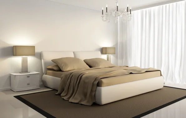 Белый, дизайн, интерьер, люстра, спальня, бежевый, модерн, bedroom