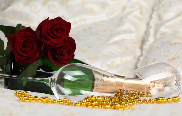 Картинка цветы, розы, очки, шампанское