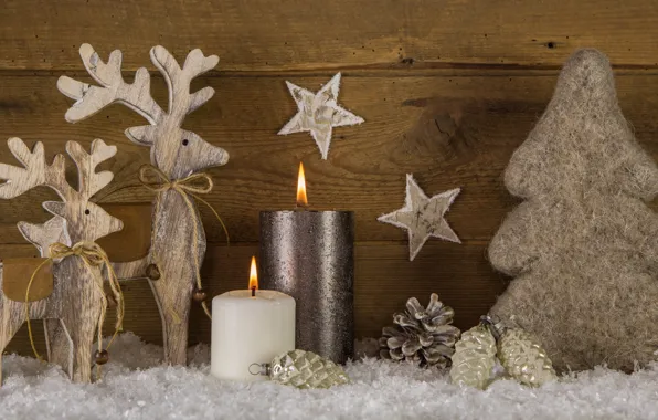 Украшения, елка, свечи, Новый Год, Рождество, олени, happy, Christmas