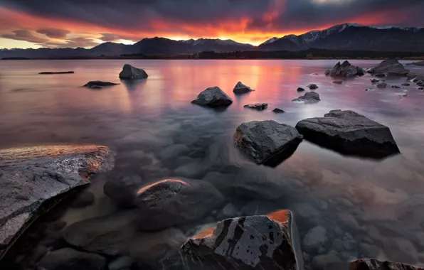 Закат, горы, природа, озеро, камни
