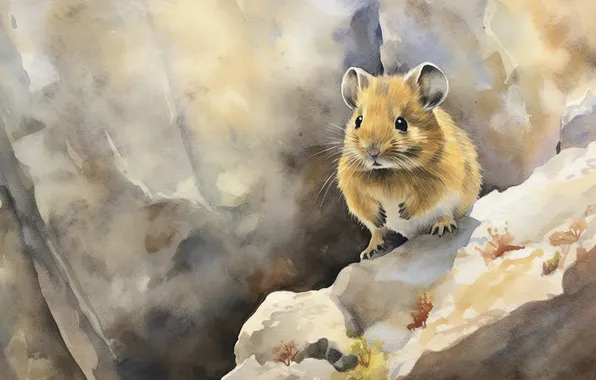 Взгляд, свет, природа, камни, хомяк, мышь, мышка, акварель