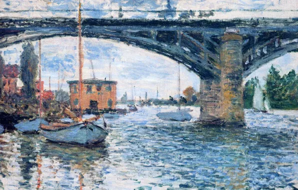 Картинка пейзаж, город, лодка, картина, Клод Моне, Мост в Аржантёе. Пасмурно