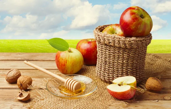 Картинка корзина, яблоки, мед, орехи