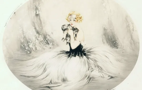 Картинка блондинка, 1925, Louis Icart, арт-деко, офорт и акватинта, 3 катёнка, Новые дузья