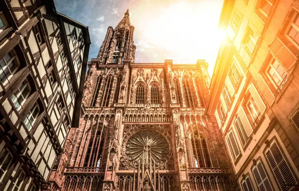 Солнце, Франция, собор, архитектура, Страсбург, Cathеdrale Notre Dame Strasbourg