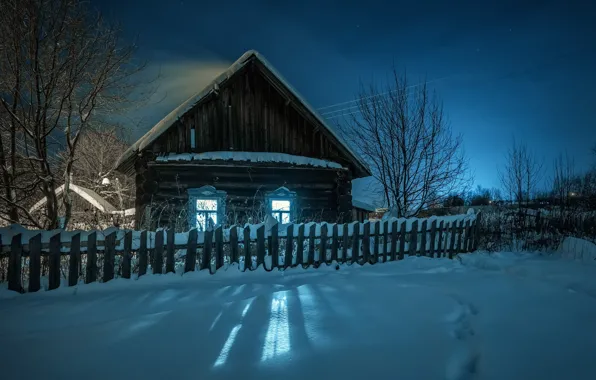 Картинка зима, свет, снег, пейзаж, ночь, природа, дом, забор