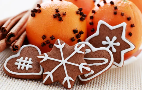 Картинка снежинки, праздник, апельсин, печенье, сердечки, корица, фигурки, гвоздика