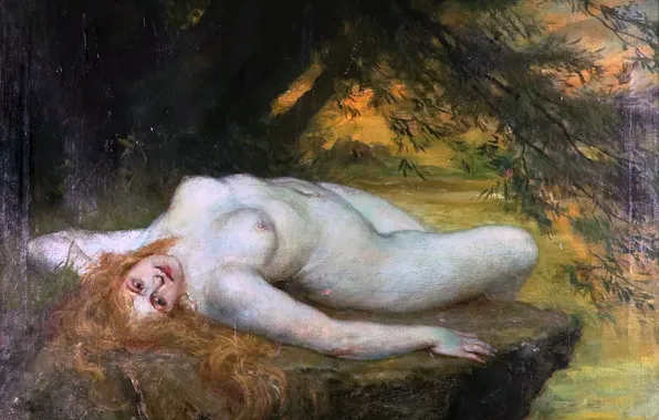Девушка, Картина, Обнажена, Ferdinand Leeke, Фердинанд Леке, Немецкий художник, Лежащая нимфа на скале под деревом