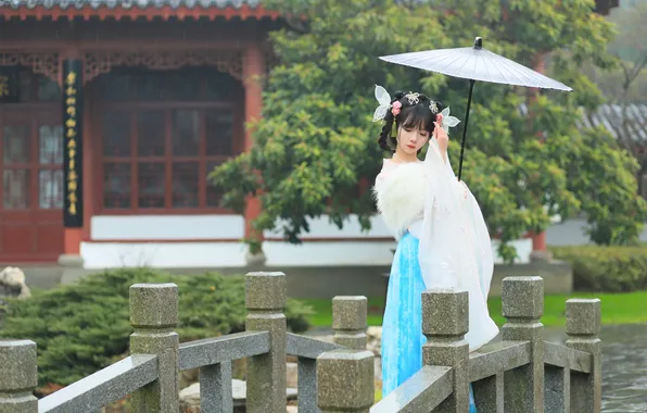 Beautiful, Asian, Model, Bridge, Water, Rain, Umbrella, Woman