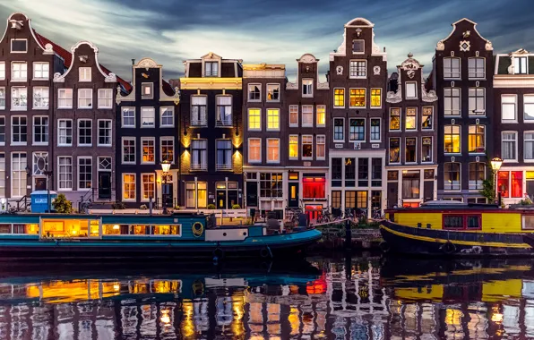 Город, огни, дома, вечер, Амстердам, канал, Нидерланды
