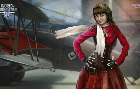 Картинка девушка, самолет, шарф, girl, aviation, авиа, MMO, Wargaming.net