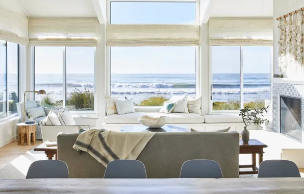 Интерьер, камин, гостиная, вид на океан, by Lauren Nelson Design, Stinson Beach House