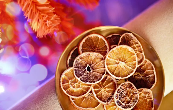 Свет, ветки, огни, апельсины, Рождество, Новый год, миска, хвоя