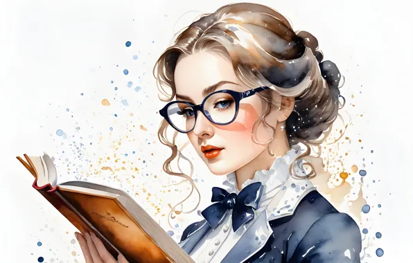 Девушка, очки, белый фон, книга, кляксы, форма, живопись, студентка