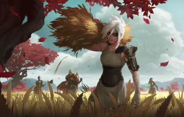 Red, trees, girls, art, leaves, fields, riven, Riven