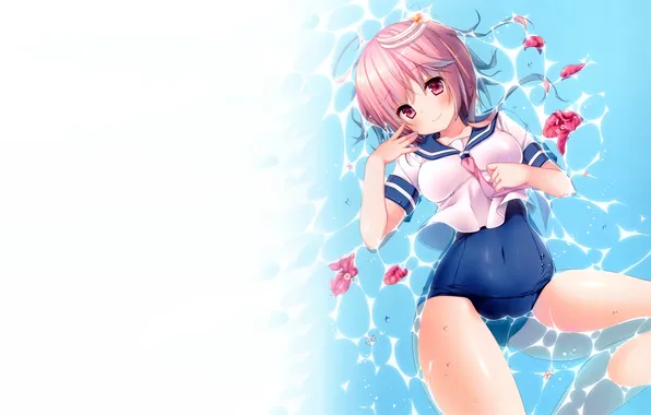 Girl, sexy, wet, pink hair, legs, boobs, anime, water